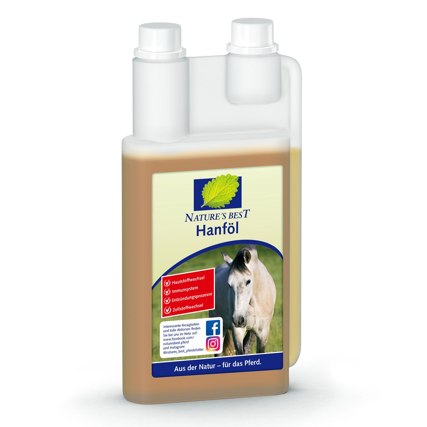 Behälter mit brauner Flüssigkeit. Aufkleber mit Logo, Text und Pferd. "Nature's Best Hanföl" steht drauf.