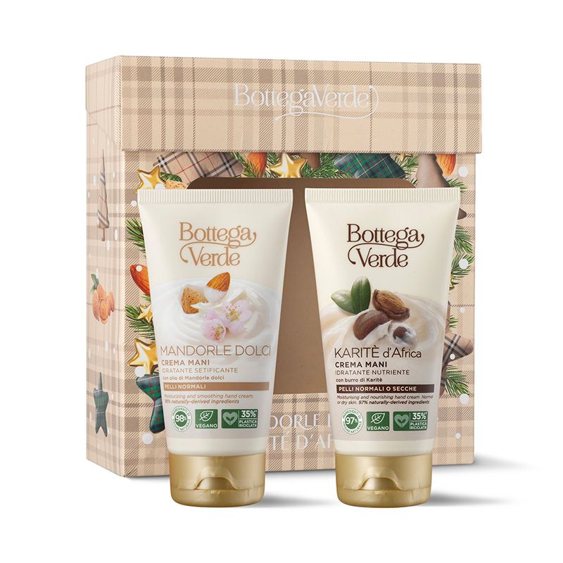 Confezione regalo Bottega Verde con due creme per le mani. I tubetti sono presentati in una scatola regalo a fantasia scozzese. I tubetti riportano i nomi "Mandorle Dolo" e "Karité d'Africa". La confezione contiene anche informazioni sugli ingredienti.