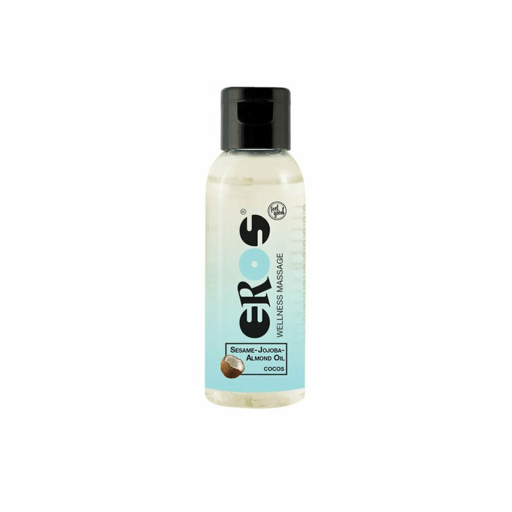 Klarflüssige Flasche mit schwarzem Deckel. Aufschrift: EROS, Wellness Massage, Sesam-Jojoba-Mandelöl, Cocos. Kokosnuss-Illustration.