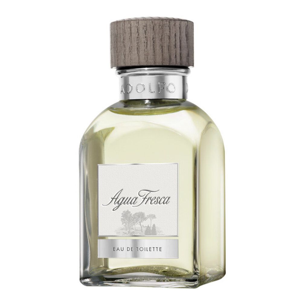 Glasflakon mit Holzdeckel. Aufschrift: Agua Fresca, Eau de Toilette. Flakon.