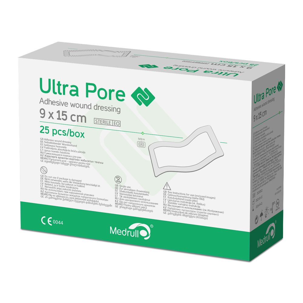 Verpackung von 'Ultra Pore' Klebeverband, 9x15 cm, 25 Stück pro Box. CE 0044 und Medrull Logo sichtbar.