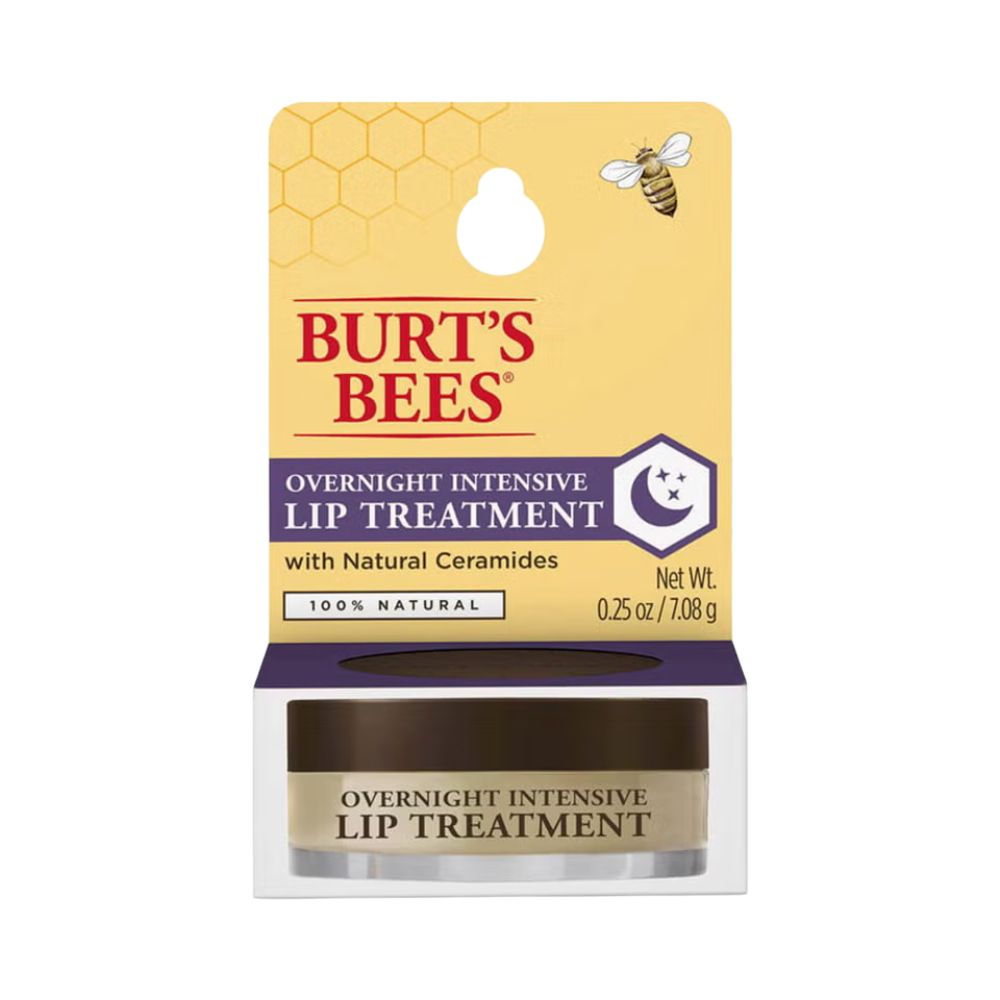 Produktverpackung von Burt's Bees Overnight Intensive Lip Treatment. Tiegel mit braunem Deckel, gelbem Etikett, Text und Biene.