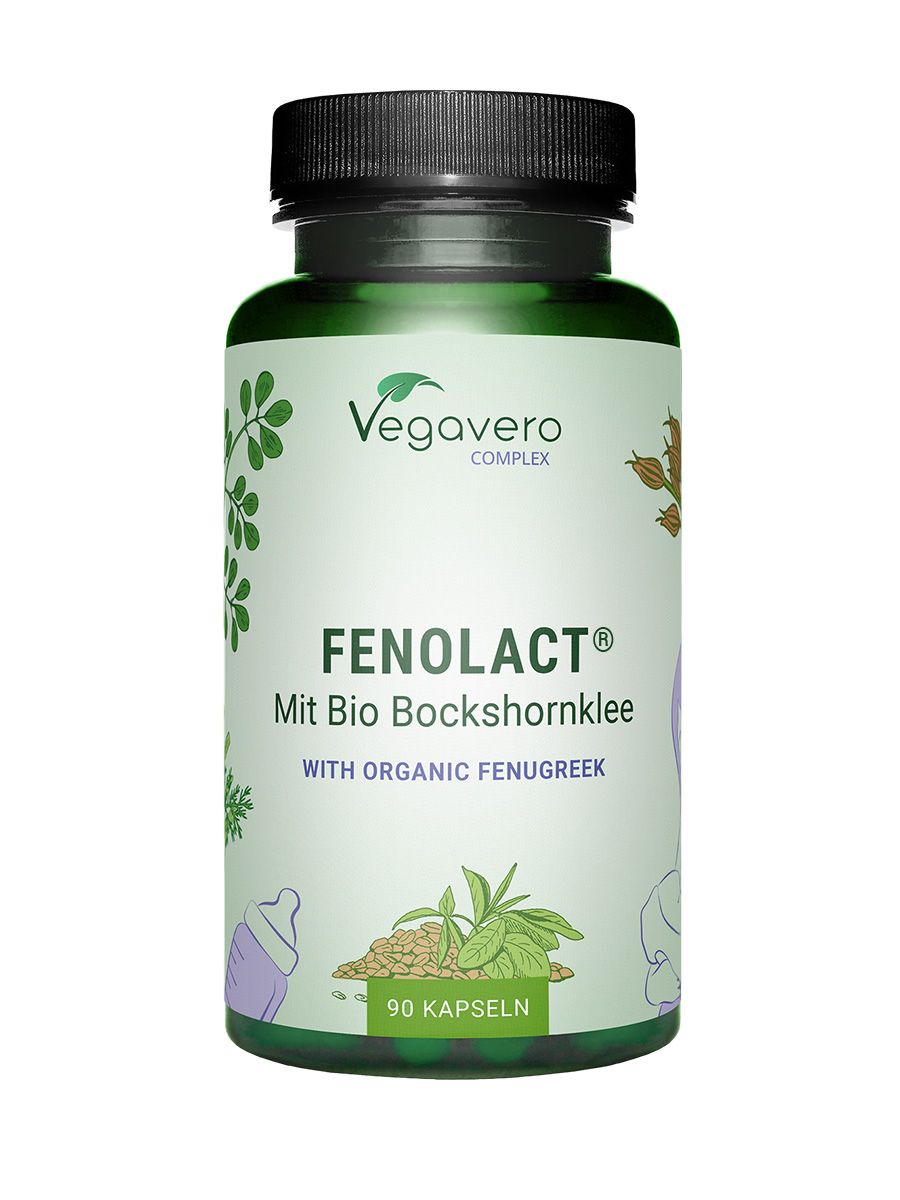 Grüne Flasche mit schwarzen Deckel. Aufschrift: FENOLACT, Mit Bio Bockshornklee, 90 Kapseln. Marke: Vegavero.