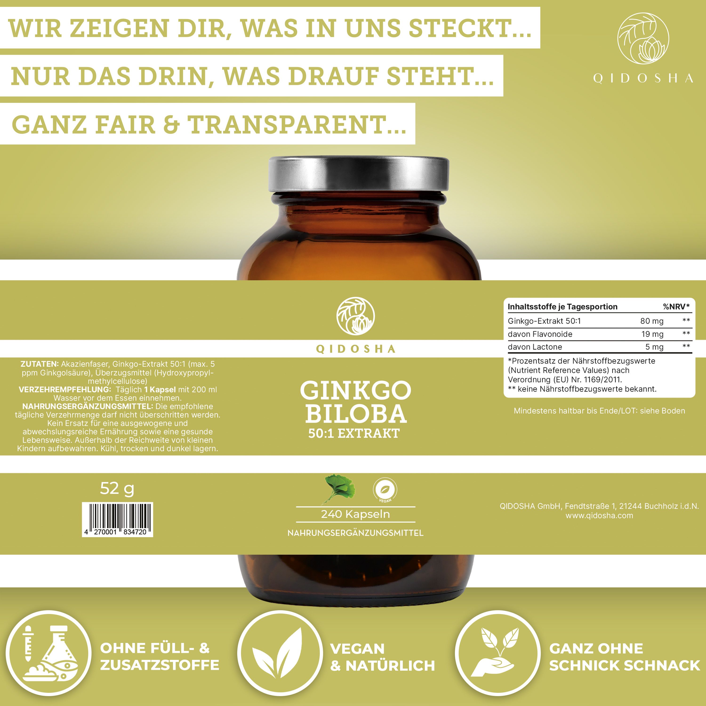 Produktflasche mit Zutatenliste. Aufschrift: QIDOSHA GINKGO BILOBA 50:1 EXTRAKT, 240 Kapseln. Logos: ohne Füllstoffe, vegan, natürlich.