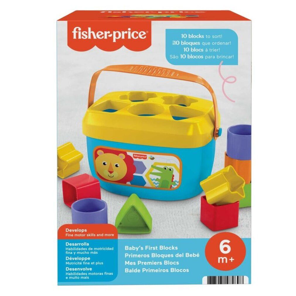 Verpackung mit blau-gelbem Eimer, 10 Bausteinen. Aufdruck: Fisher-Price, Baby's First Blocks, 6m+. Entwickelt Motorik.