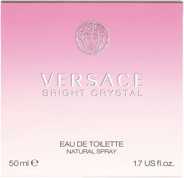 Rosa Schachtel mit Versace Bright Crystal. Text: Versace, Bright Crystal, Eau de Toilette, Natural Spray, 50ml, 1.7 US fl.oz.