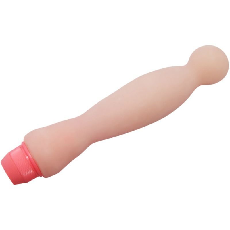 Beigefarbener Vibrator mit roter Spitze. Gebogene Form.