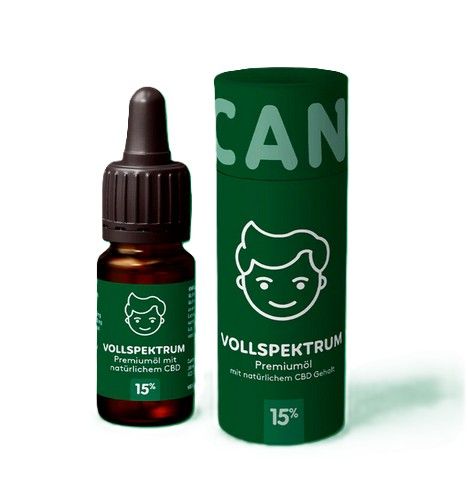Braune Glasflasche mit Tropfer und grüner Verpackung. Aufschrift: VOLLSPEKTRUM, 15%. Grüne zylindrische Verpackung mit CAN und VOLLSPEKTRUM.