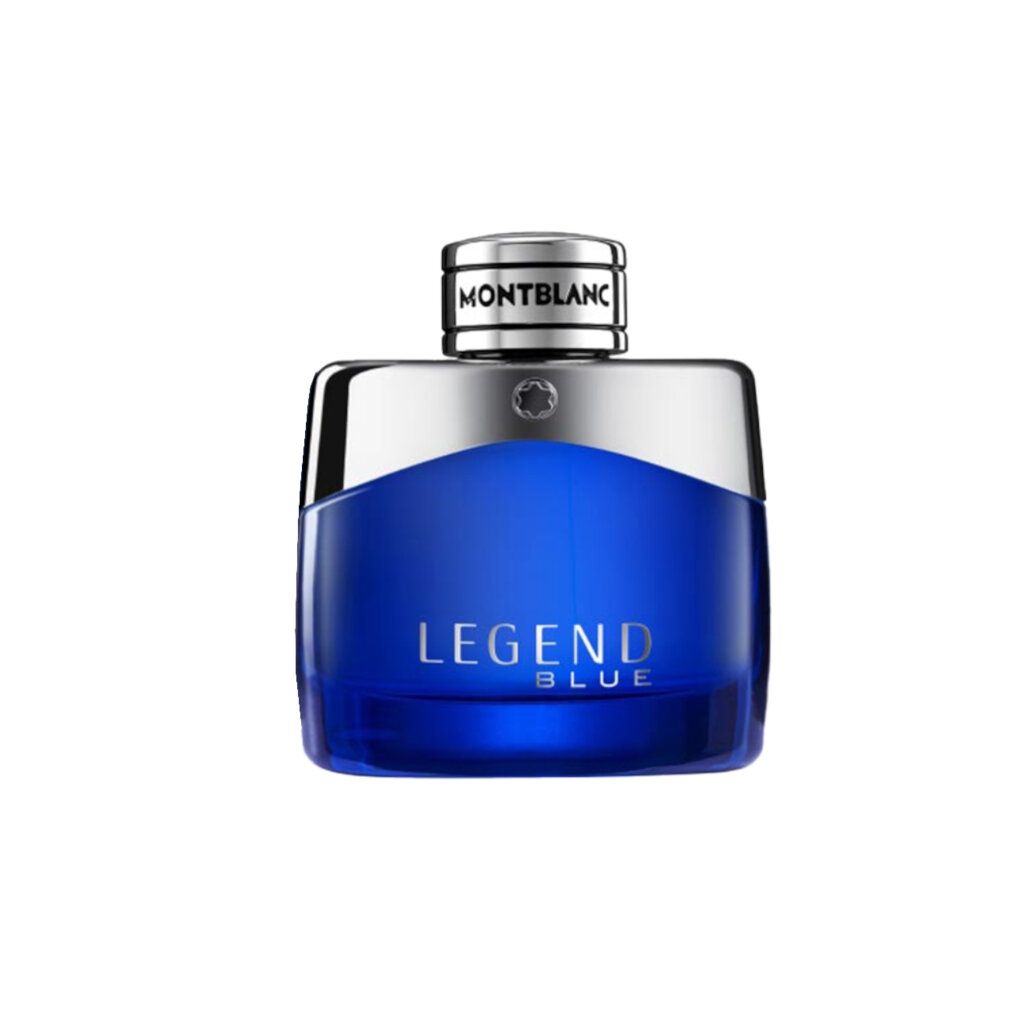 Blauer Flakon mit silbernem Deckel. Aufschrift: MONTBLANC, LEGEND BLUE.