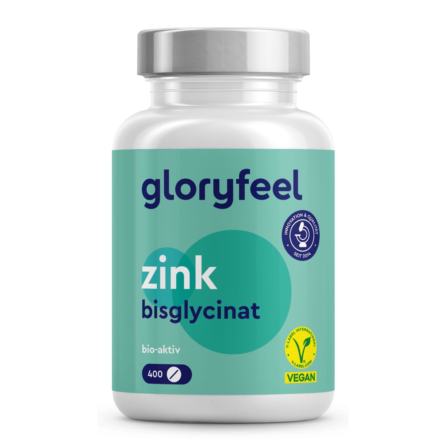 Weiße Flasche mit grünem Etikett. Aufschrift: gloryfeel Zink Bisglycinat, 400 Tabletten. Vegan-Siegel.
