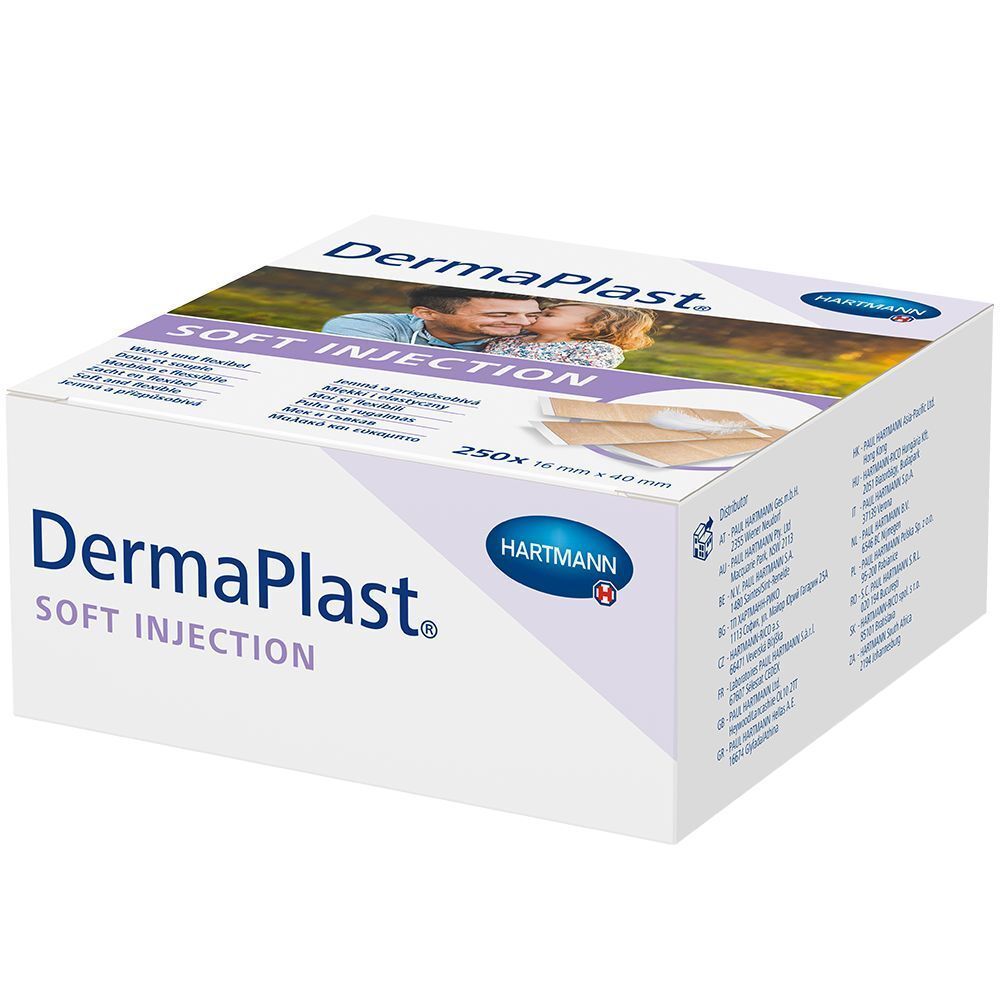Verpackung DermaPlast® SOFT INJECTION, 250 Stück, 16 mm x 40 mm.