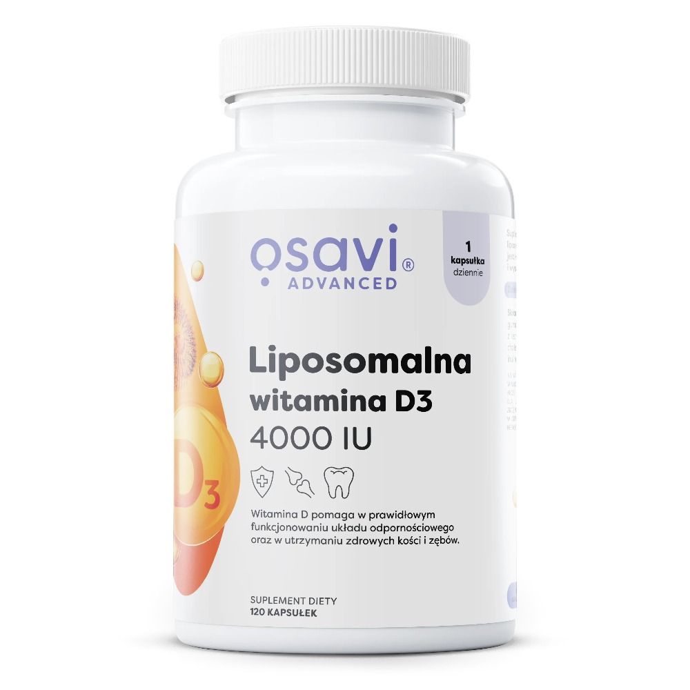Osavi Liposomales Vitamin D3 4000 IE in weißer Flasche mit Kapseln.