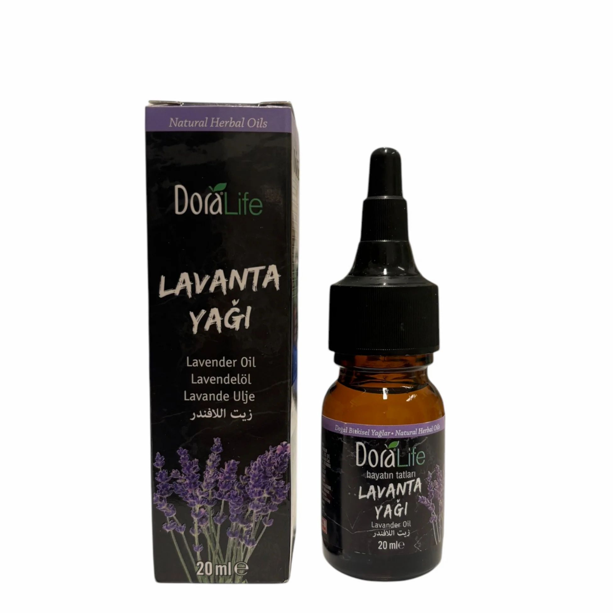Produktflasche mit Tropfer und Verpackung. Aufschrift: Lavanta Yağı, Lavender Oil, Lavendelöl, Lavande Ulje, زيت اللافندر. 20 ml.