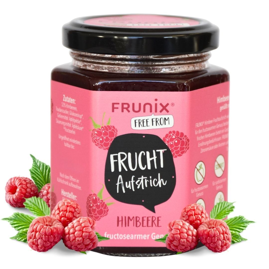Glas FRUNIX® Himbeer-Fruchtaufstrich. Rosa Etikett mit Produktname und Himbeeren. Aufschrift: fructosearmer Genuss.