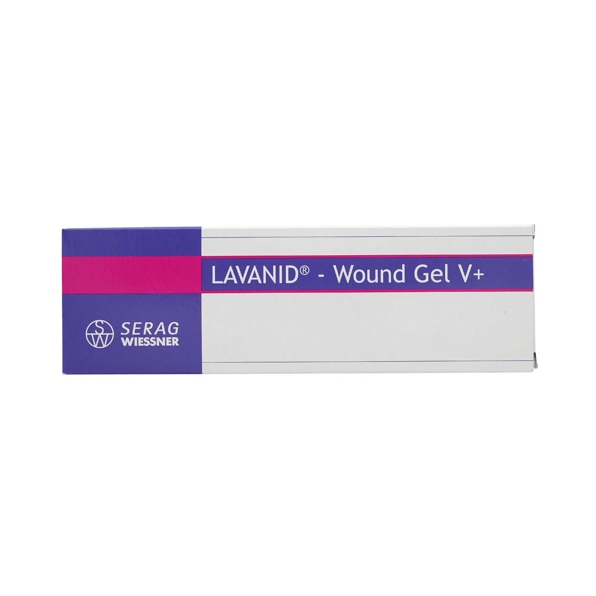Verpackung von LAVANID® - Wundgel V+. Rechteckige Schachtel mit blau, pink und weiß. Schriftzug: LAVANID® - Wund Gel V+.