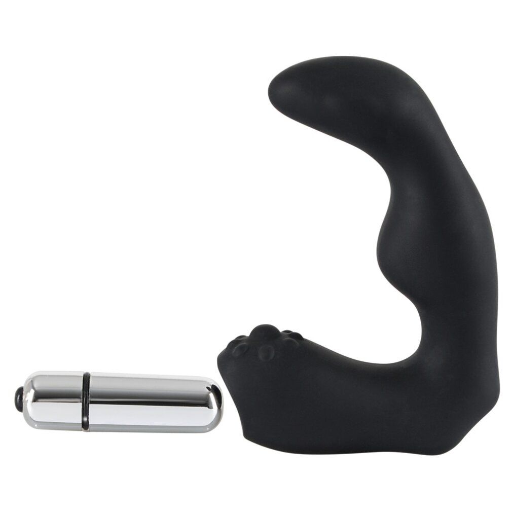 Schwarzer Vibrator mit gebogener Form und metallischem Ende. Kleiner Vibrator daneben.