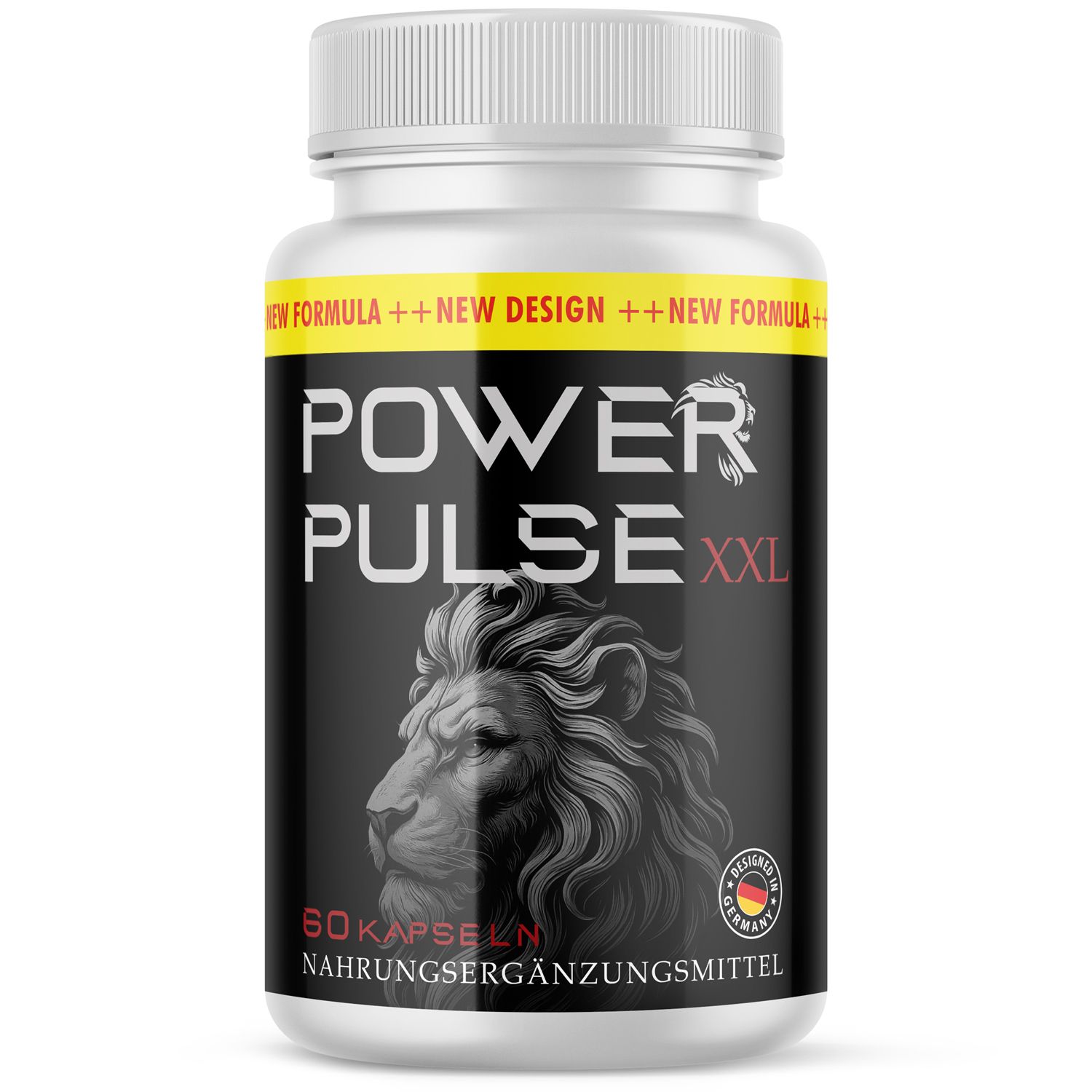 Weiße Flasche mit schwarzem Etikett. Aufschrift: POWER PULSE XXL, 60 Kapseln. Mit Löwenkopf-Grafik und Deutschland-Siegel.
