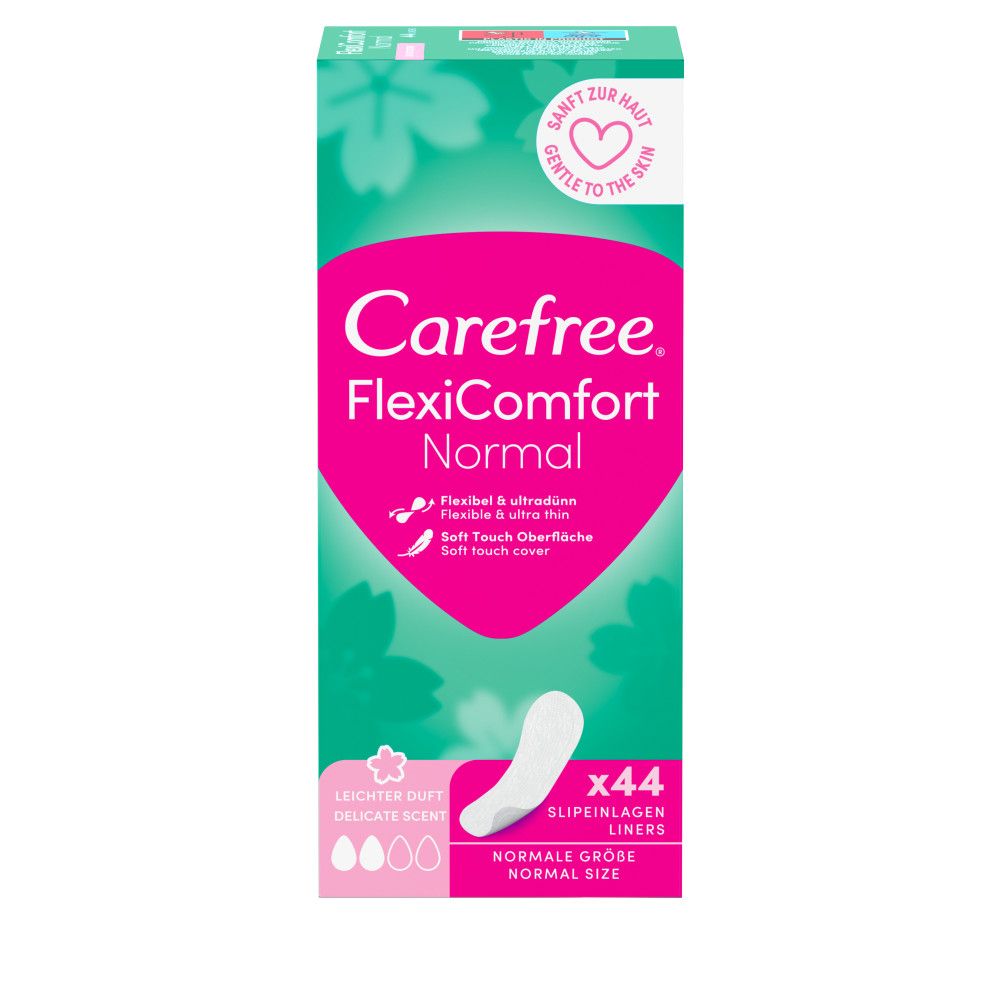 Packung Slipeinlagen. Marke Carefree FlexiComfort Normal. 44 Stück. Flexible & ultradünn. Leichter Duft. Weiche Oberfläche.
