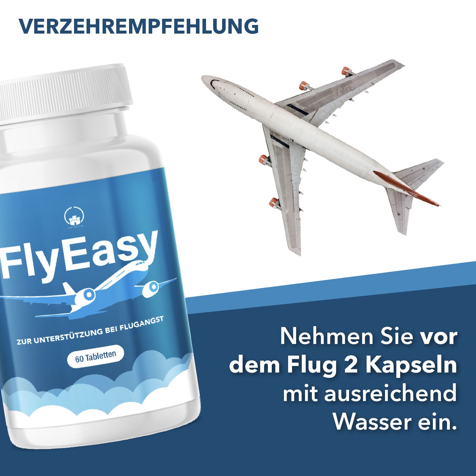 Weiße Flasche mit blauem Etikett, FlyEasy, 60 Tabletten. Flugzeug-Illustration. Text: Nehmen Sie 2 Kapseln vor dem Flug.