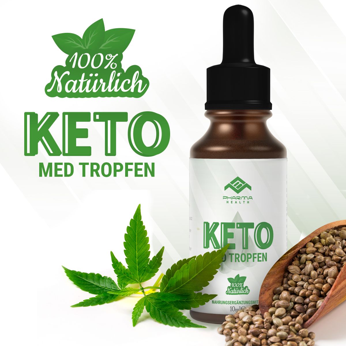 Braune Flasche mit schwarzem Tropfer, Hanfblatt und Samen. Aufschrift: Keto Med Tropfen. Text: 100% natürlich.