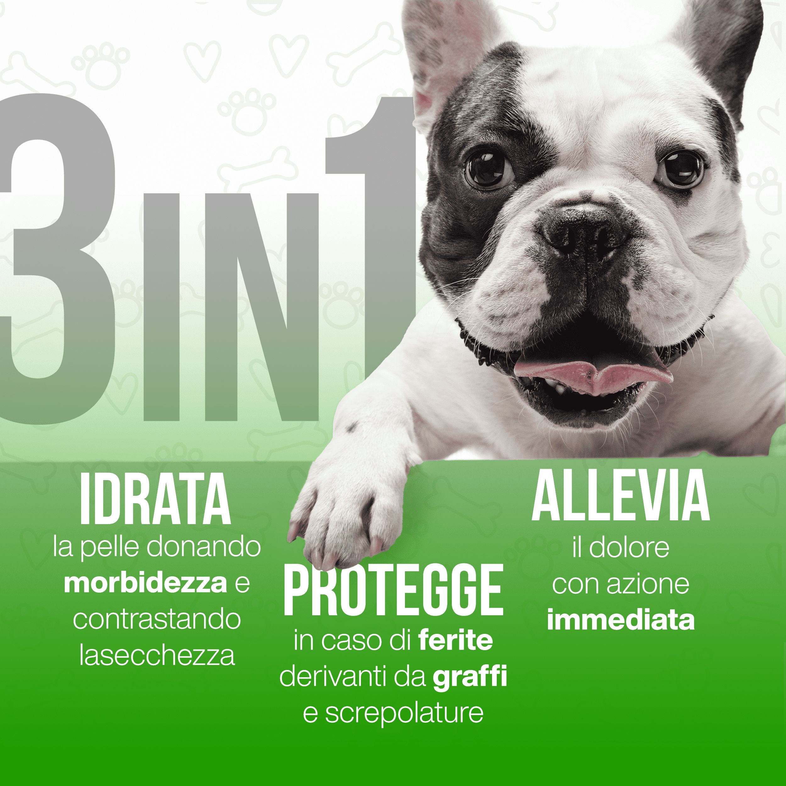 Immagine pubblicitaria con un volto di bulldog. Il testo recita "3 in 1: Idrata, allevia e protegge". Idrata la pelle, allevia il dolore e protegge da graffi e screpolature.
