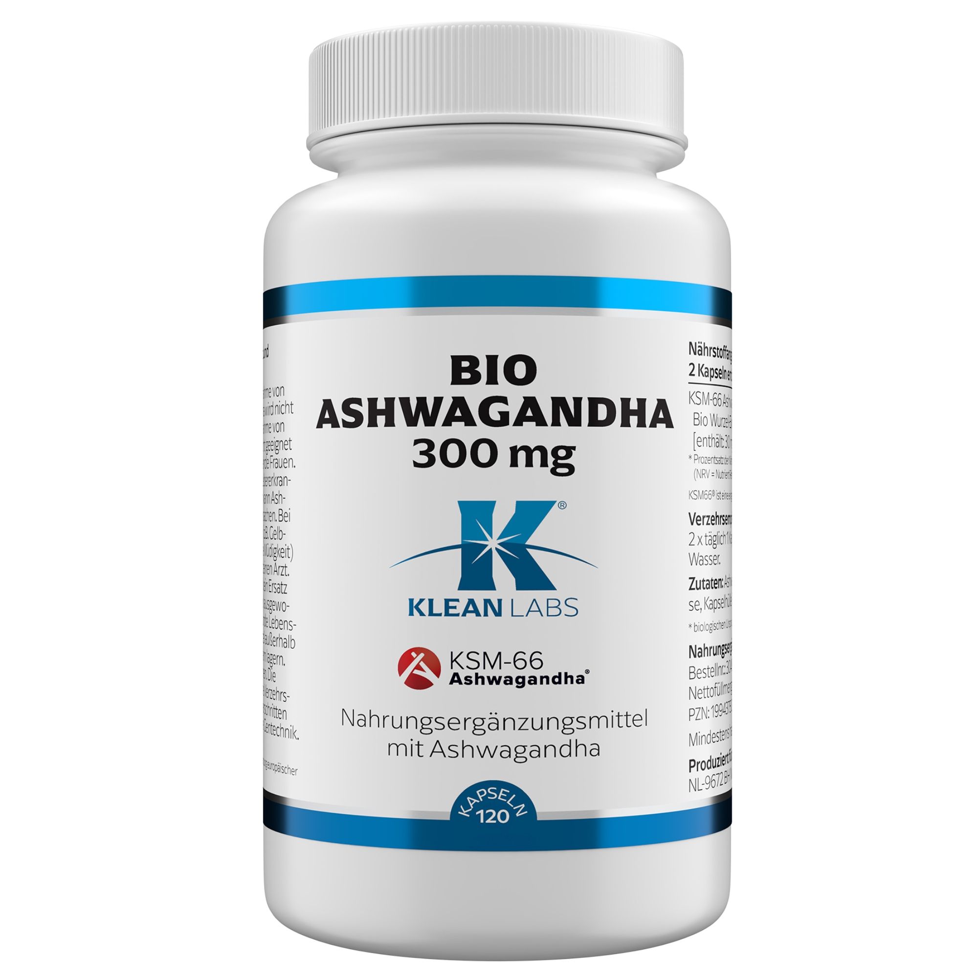 Weiße Flasche mit Kapseln. Aufschrift: BIO Ashwagandha 300 mg, Klean Labs, KSM-66. 120 Kapseln.