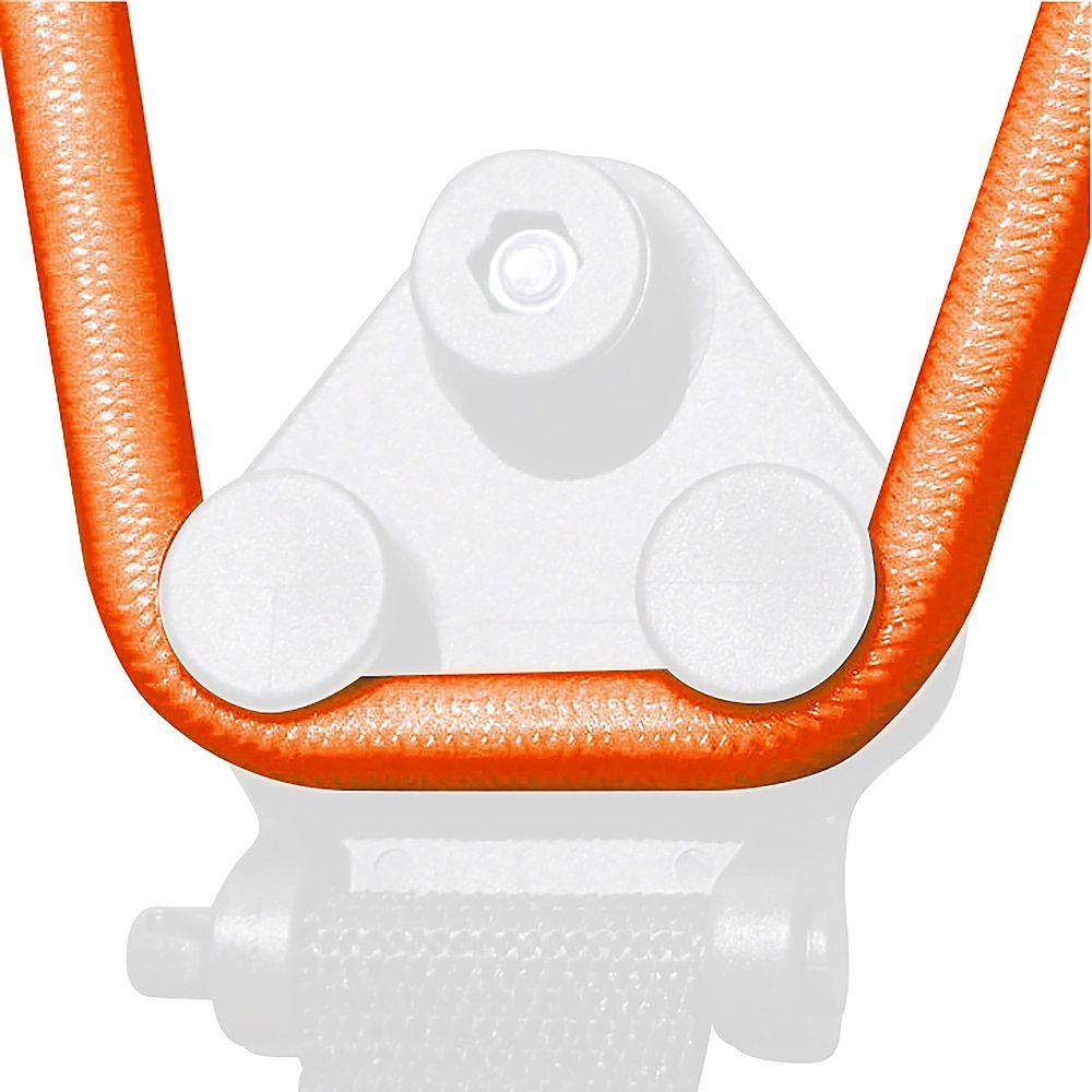 Orangefarbenes Gummikabel, gebogen, mit weißem Kunststoffteil. Detailaufnahme. Der Hintergrund ist unscharf.