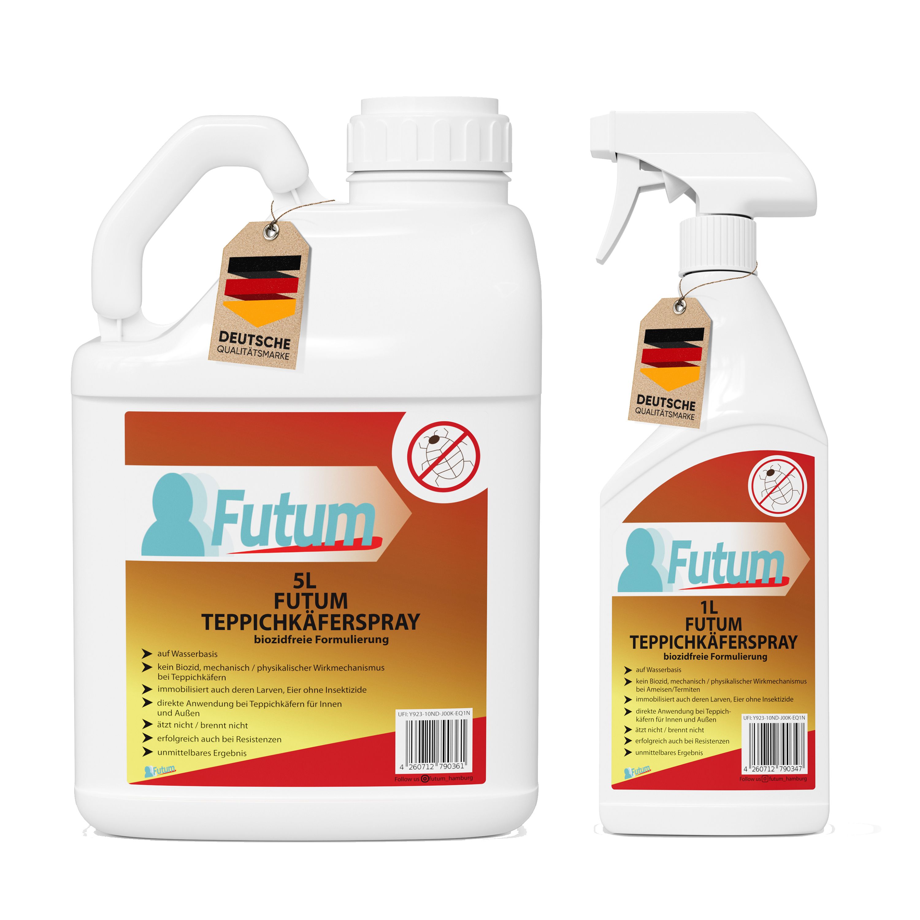 Zwei weiße Flaschen FUTUM Teppichkäferspray. Eine 5L-Kanister mit Griff und eine 1L-Sprühflasche. Beide mit deutschem Qualitätssiegel.