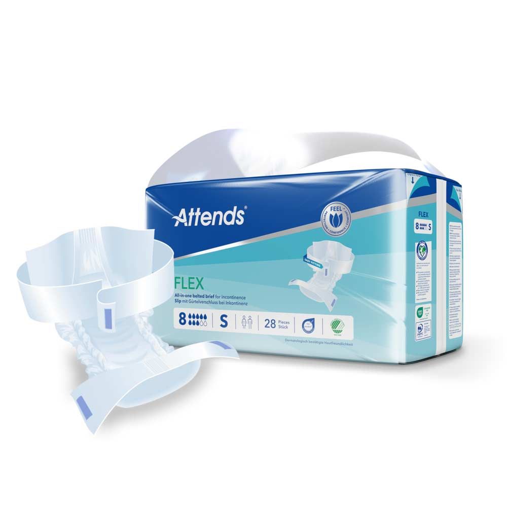 Attends Flex 8, Größe S, 28 Stück. Verpackung und Produkt. Windel mit weißen Bändern. Blaue Verpackung mit Logo.