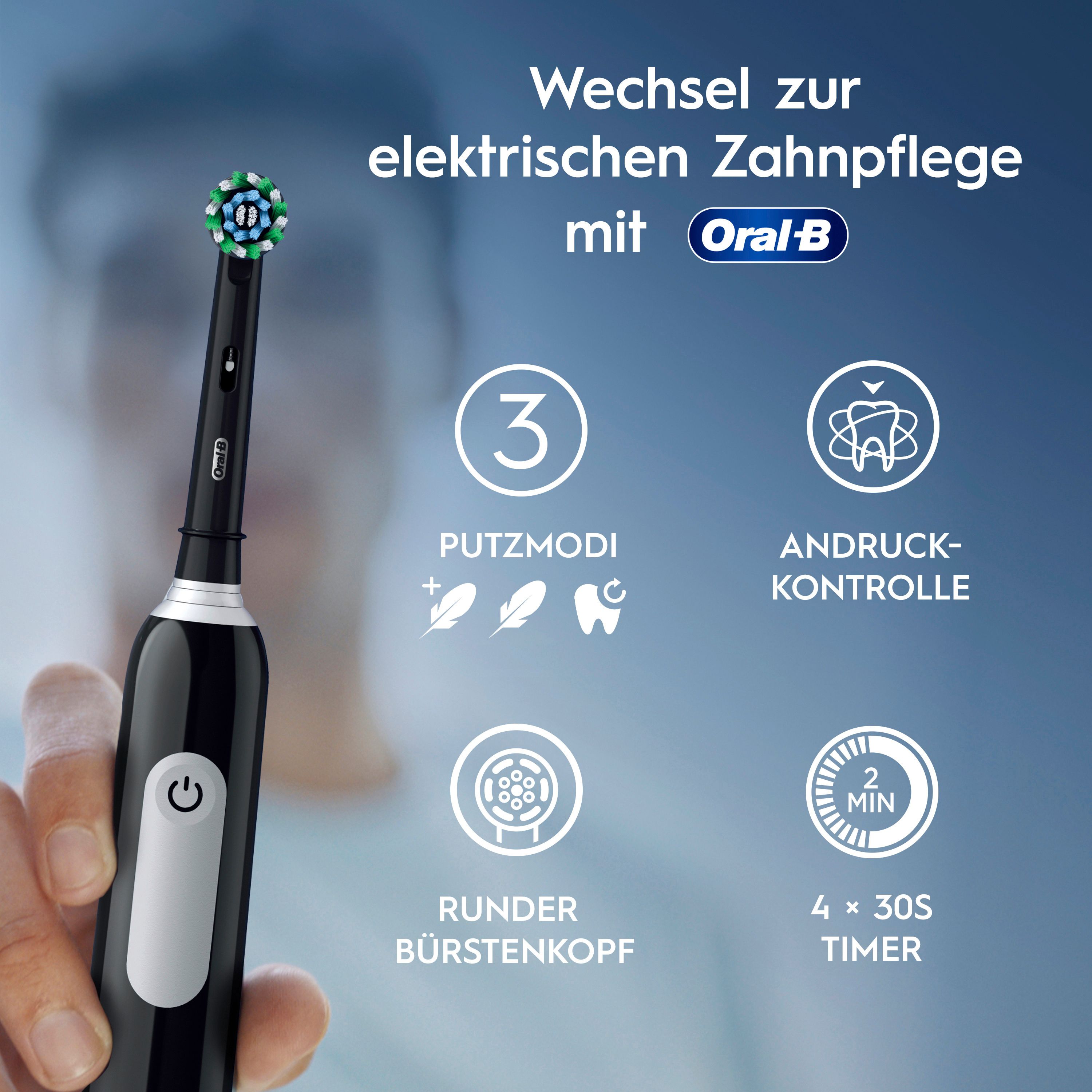Schwarze elektrische Zahnbürste mit Text: Wechsel zur elektrischen Zahnpflege mit Oral-B. 3 Putzmodi, Andruckkontrolle.