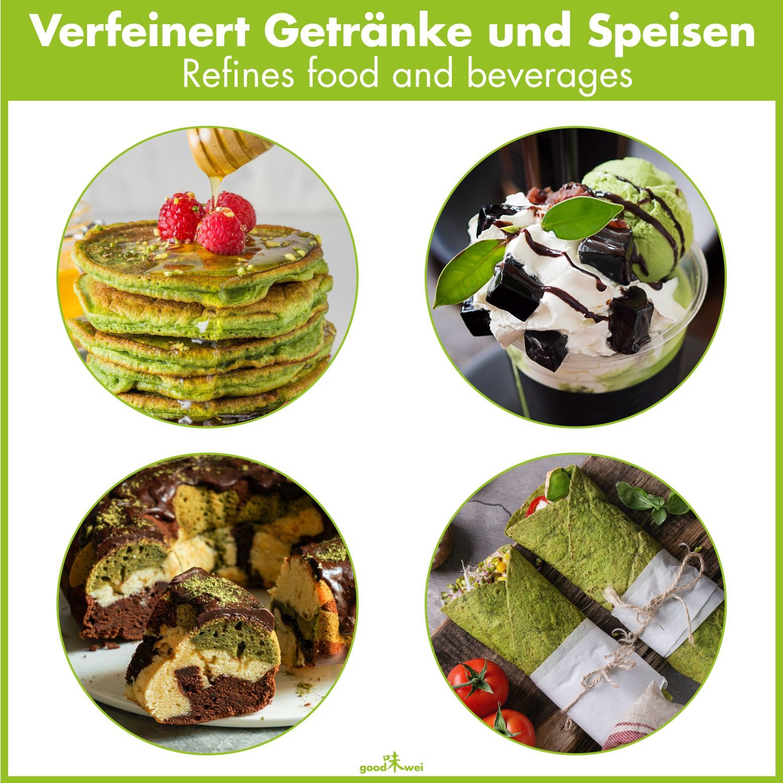 Vier runde Bilder mit Matcha-Zubereitungen: Pfannkuchen, Dessert, Kuchen, Wraps. Text: Verfeinert Getränke und Speisen.