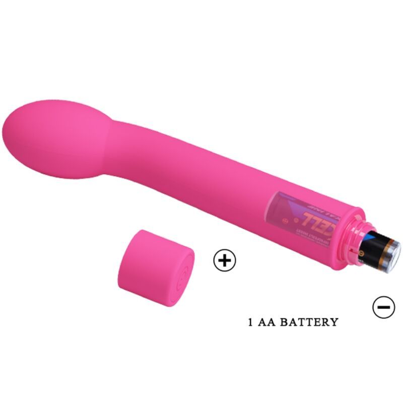 Rosa Vibrator mit gebogenem Schaft und ovalem Kopf. Batteriefach mit AA-Batterie. Plus- und Minuszeichen.