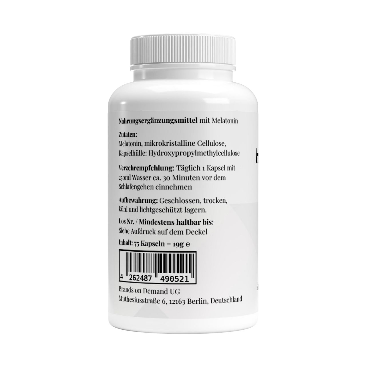 Rückseite einer weißen Flasche mit Text. Enthält Zutaten, Verzehrempfehlung, Aufbewahrungshinweise und Barcode.