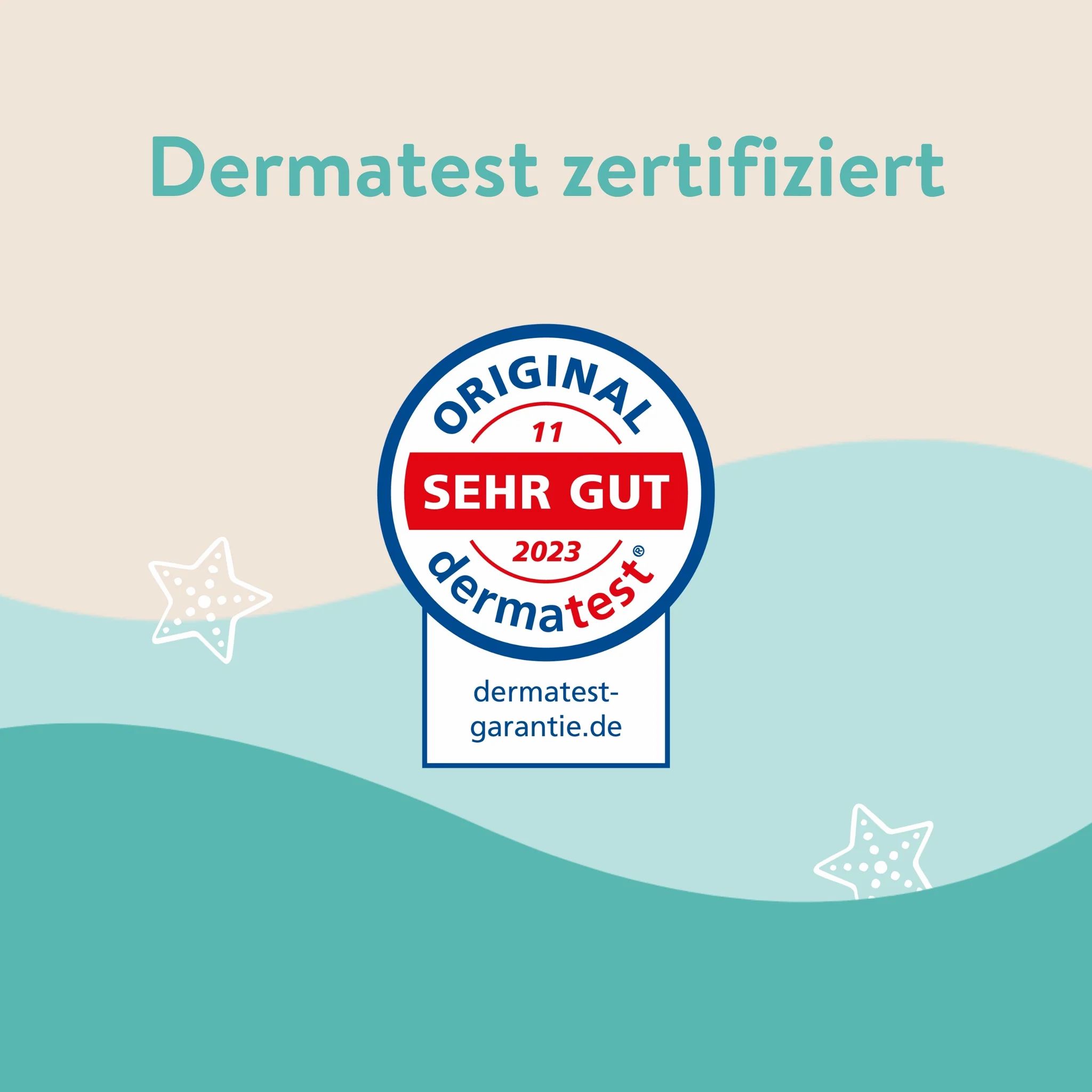 Dermatest-Zertifizierung. Runder Aufkleber mit Text: ORIGINAL, SEHR GUT 2023, dermatest-garantie.de. Sterne und Wellen im Hintergrund.