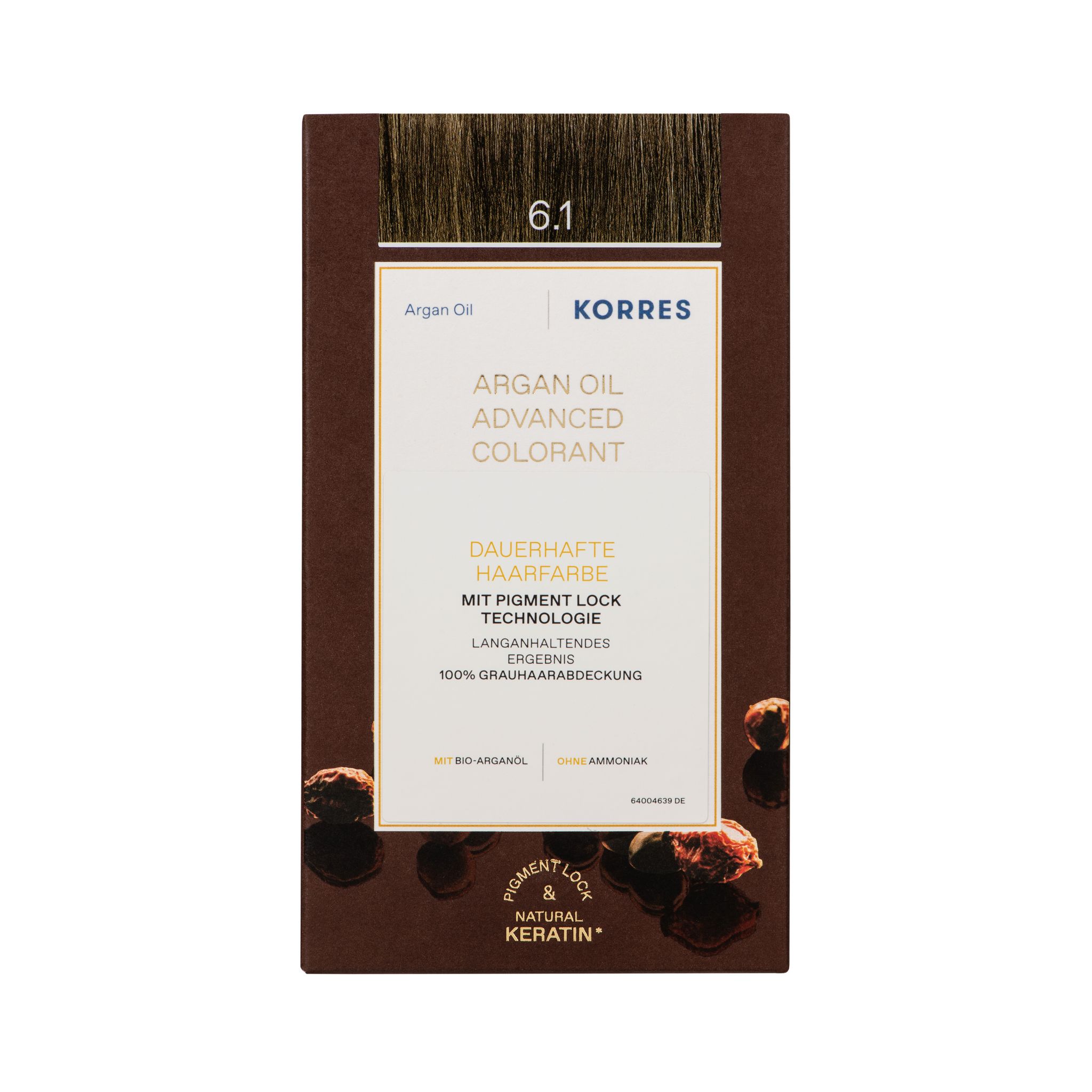 KORRES Arganöl Haarcoloration. Dunkelblond Asch 6.1. Verpackung mit Produktinformationen und Abbildung von Arganöl-Früchten.