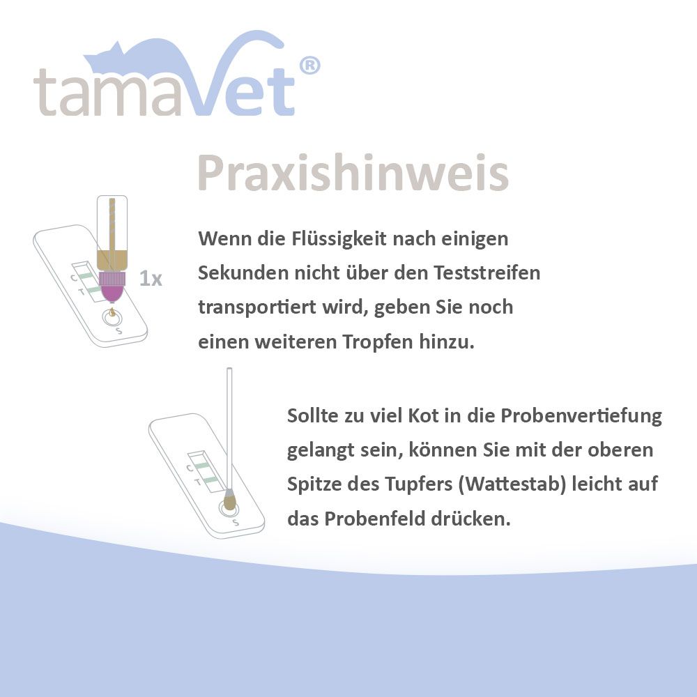 Anleitung: Flüssigkeit auf Teststreifen geben. Bei zu viel Kot, Tupfer verwenden.