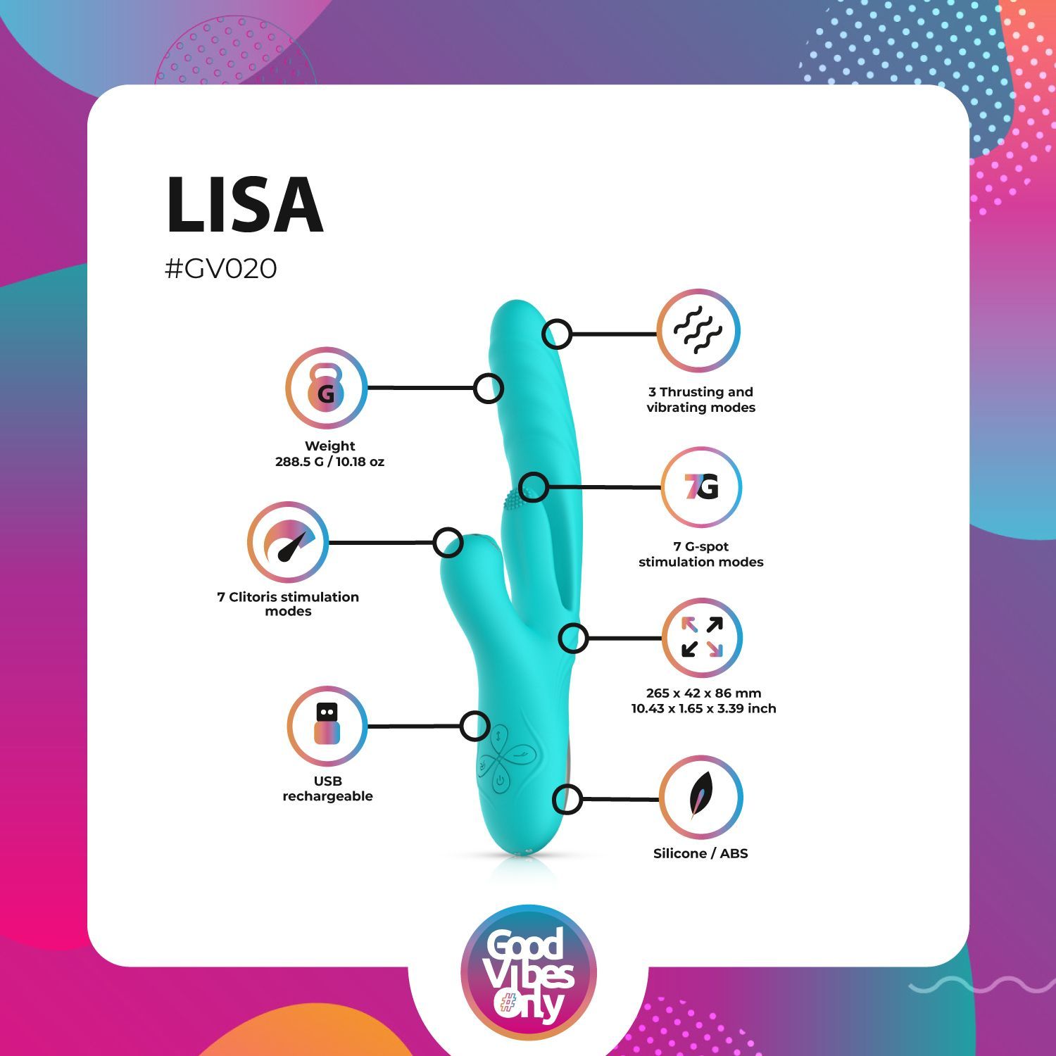 Infographie avec informations produit. Vibrateur turquoise avec détails techniques. Texte: poids, modes, matériau, dimensions.