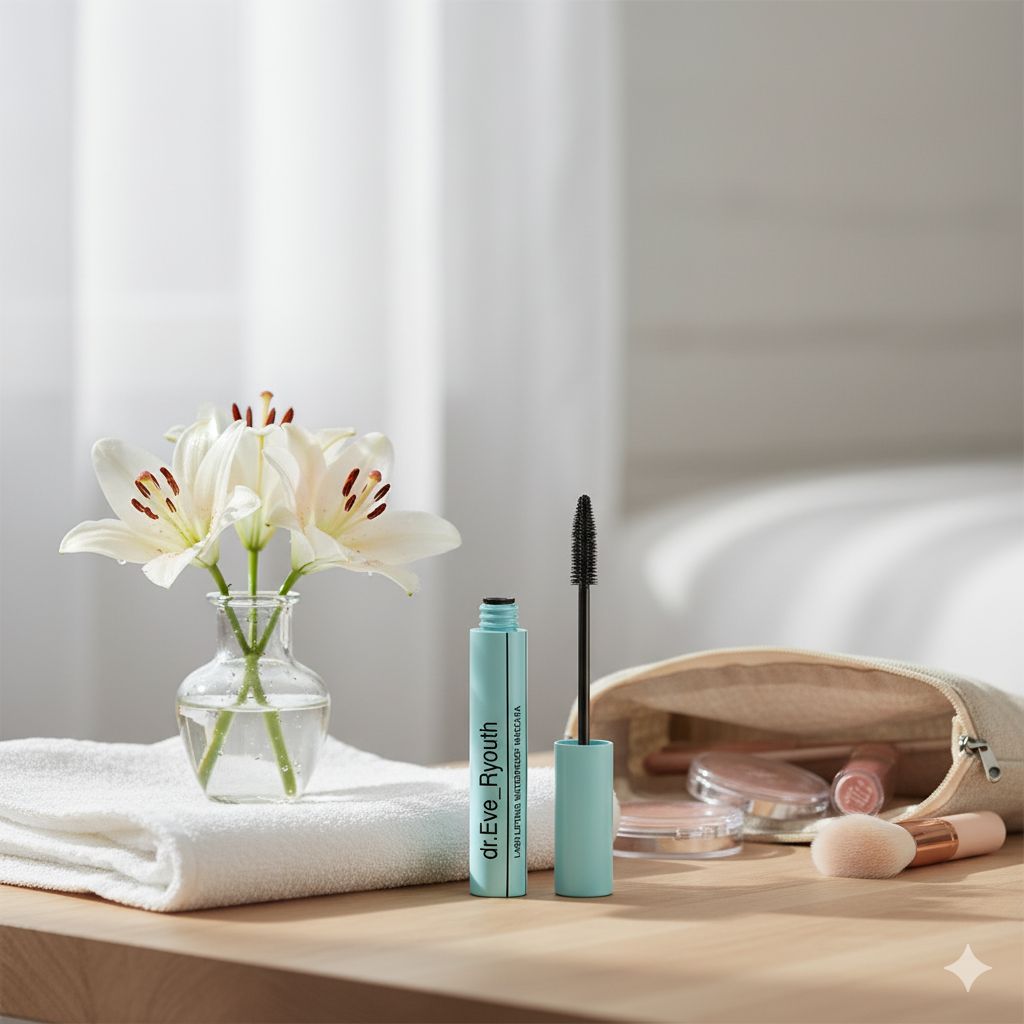 Mascara-Flakon und Bürste neben einer Vase mit Lilien und einer Kosmetiktasche.
