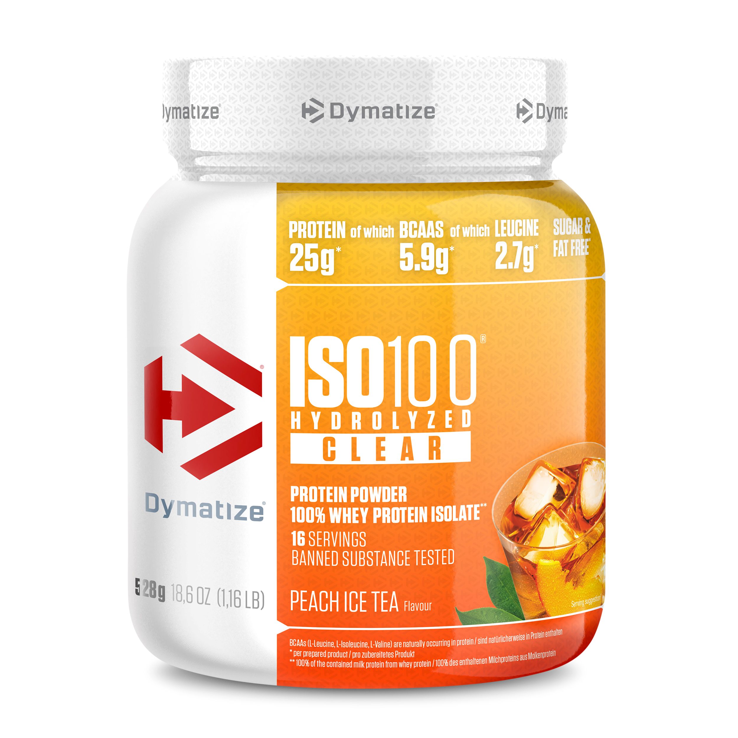Dymatize ISO 100 Hydrolized Clear Peach Ice Tea. Weiße Dose mit gelbem Etikett. 16 Portionen. 100% Whey Protein Isolat. Banned Substance Tested.
