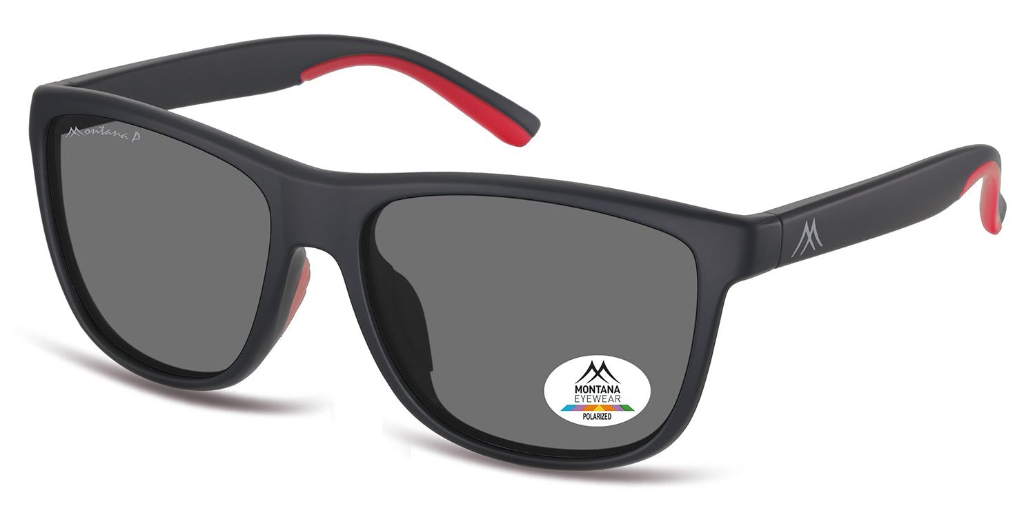 Schwarze Sonnenbrille mit grauen Gläsern. Rote Akzente an den Bügeln. Montana Eyewear Logo. Polarisiert.