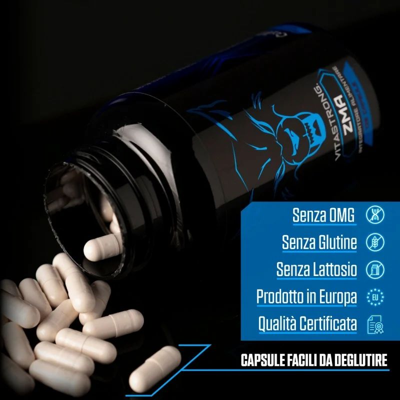 Schwarze Flasche mit blauer Wolfsgrafik. Kapseln liegen daneben. Aufschrift: Vitastrong ZMA, 120 Kapseln.