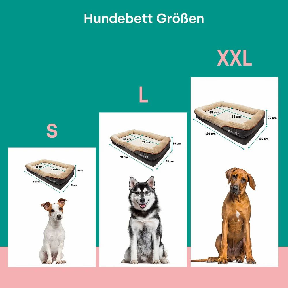 Hundebett Größen: S, L, XXL. Größenangaben mit Hunden und Maßen.