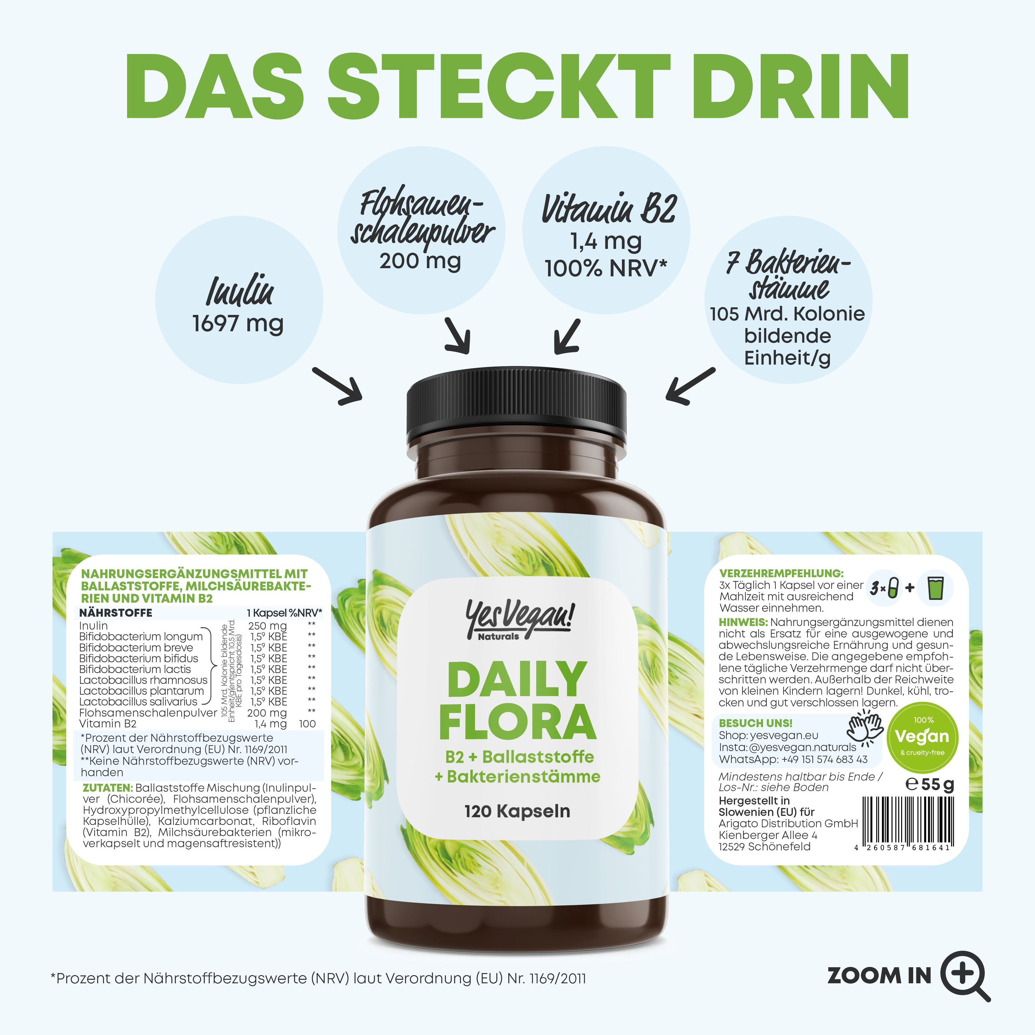 Yes Vegan® Daily Flora (120 Kapseln) Kulturen Komplex mit B2 - 7 Bakterienstämme Premium 1x120 St Kapseln