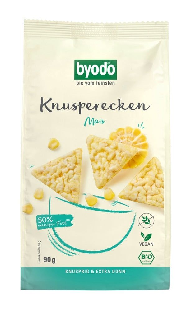 Verpackung mit Knusperrecken Mais. Marke: byodo. 50% weniger Fett. Vegan. Bio-Siegel. 90g.