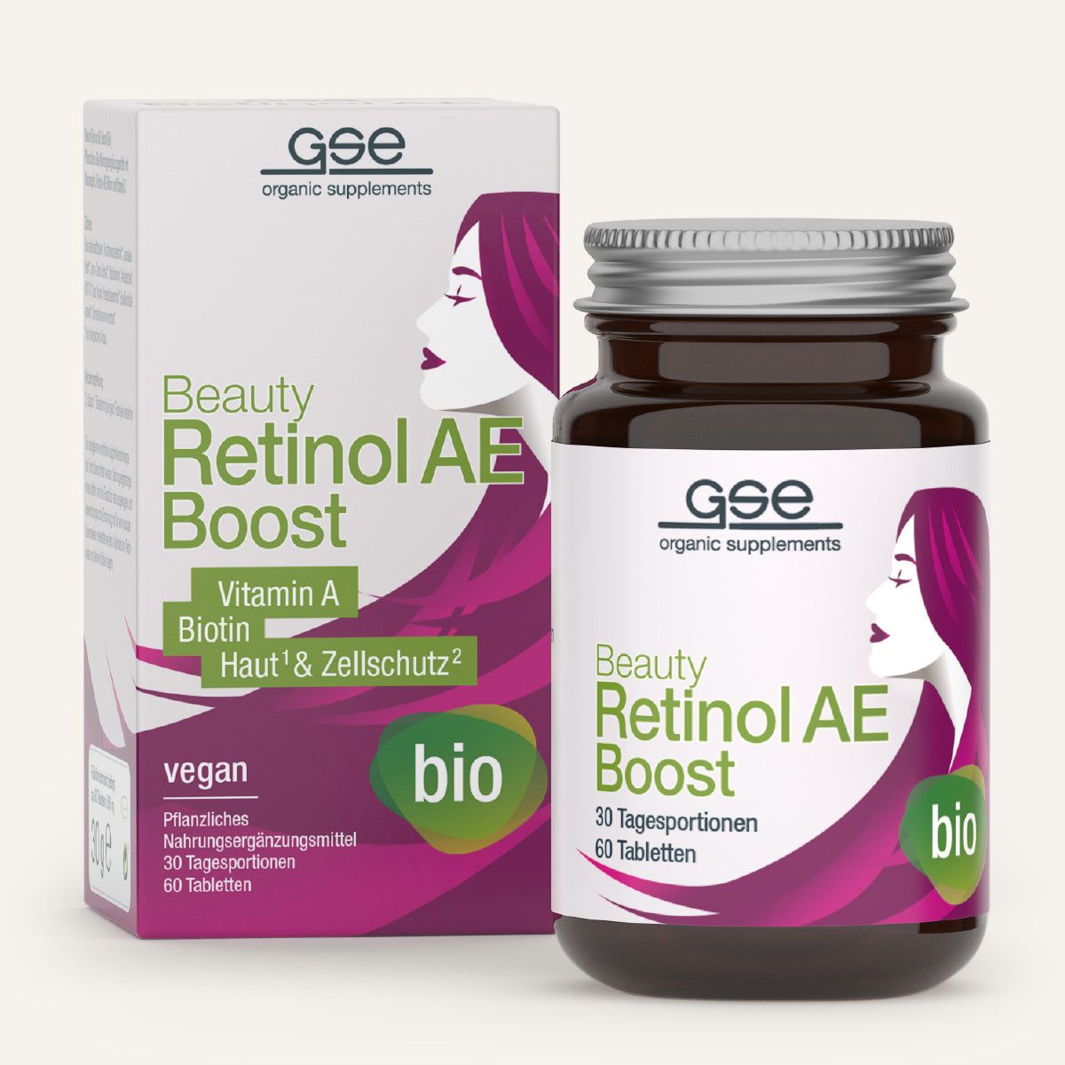 GSE Beauty Retinol AE-Boost Bio. Dose und Schachtel mit Produktinformationen. Vegan, 60 Tabletten. Bio-Siegel.