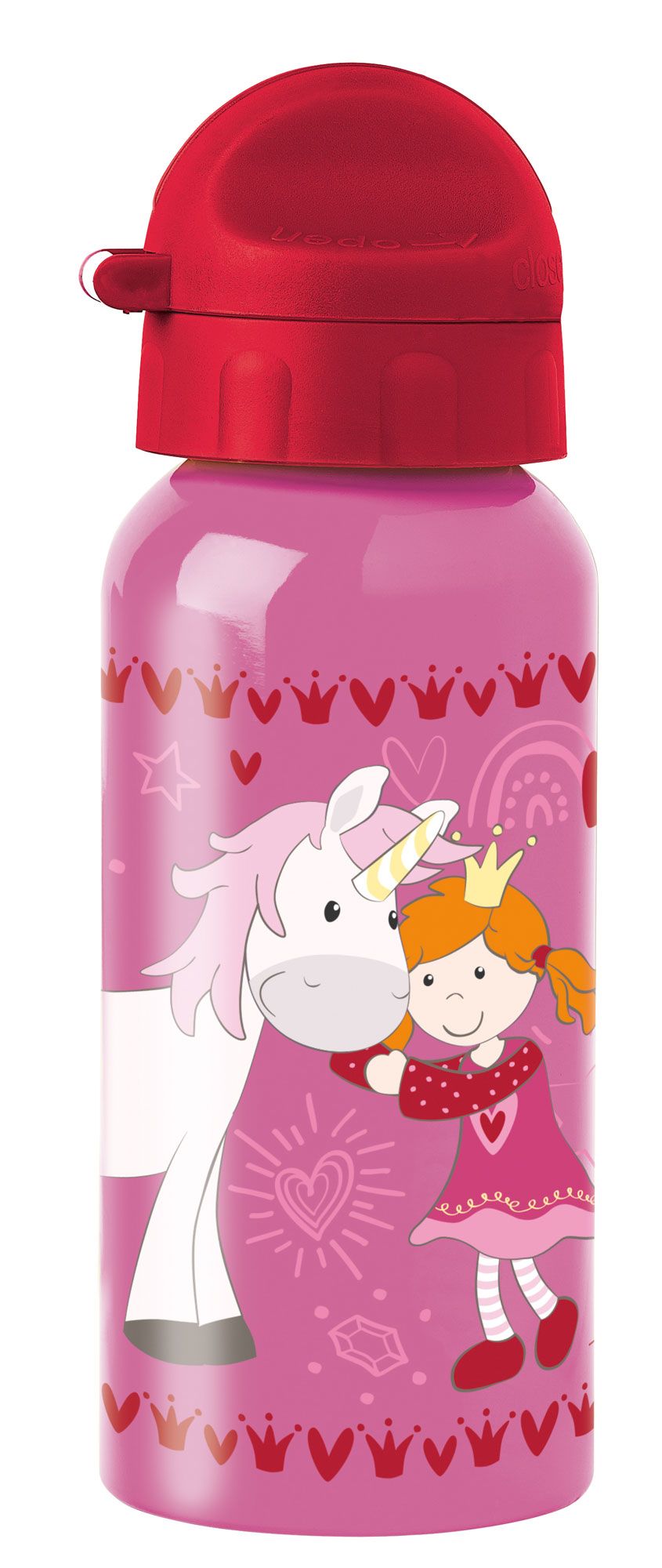 Rosa Trinkflasche mit rotem Deckel. Illustrationen: Einhorn, Mädchen, Kronen. Aluminiumflasche.