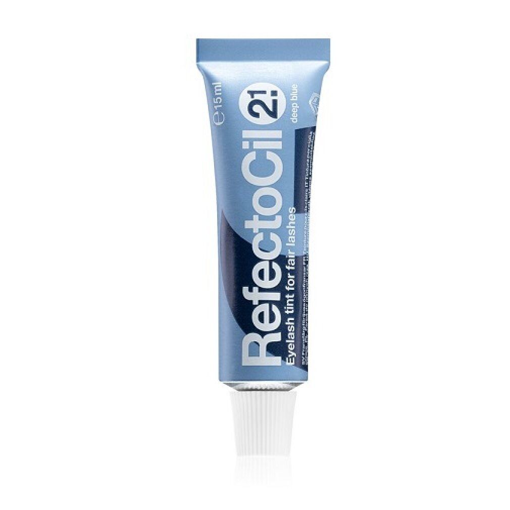 Blaue Tube RefectoCil 2.1 tiefblau. Text: Eyelash tint for fair lashes.