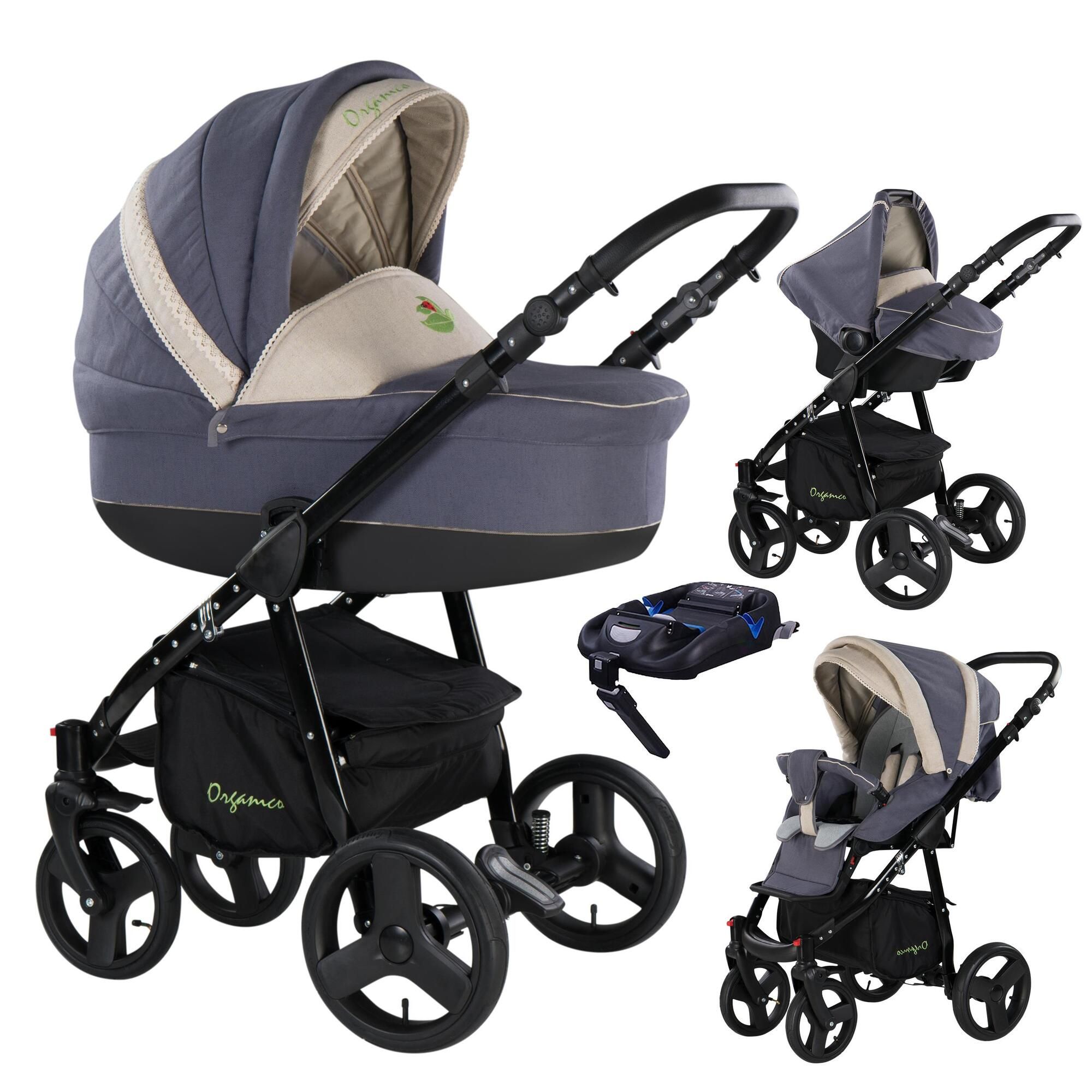 Friedrich Hugo Organico 4 in 1 Kinderwagen Komplettset & Isofix, Nature Mix Grau - Gestell Schwarz