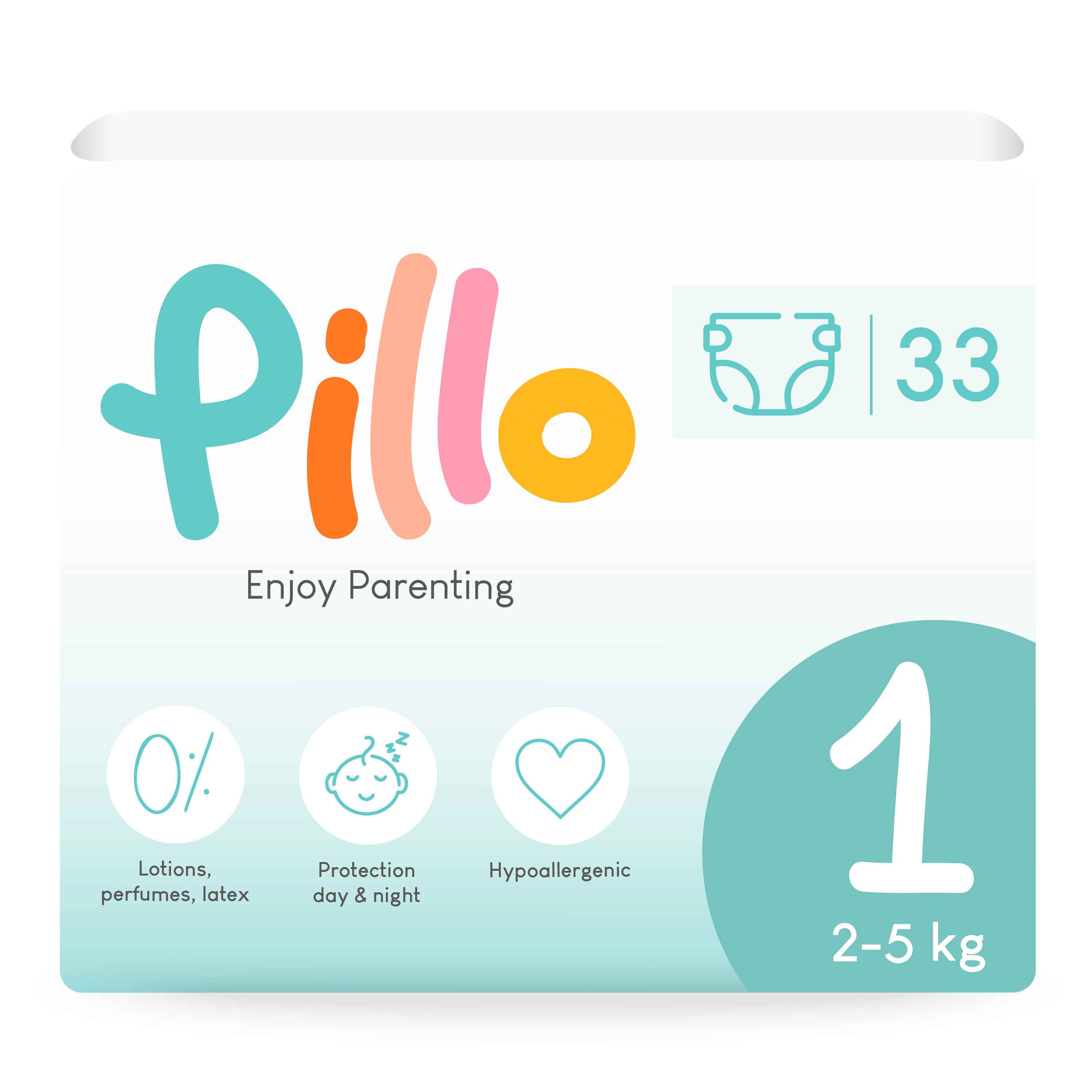 Paquet de couches Pillo, taille 1, 2-5 kg. Logo, 33 unités. Indications : lotions, parfums, latex, protection jour et nuit, hypoallergénique.