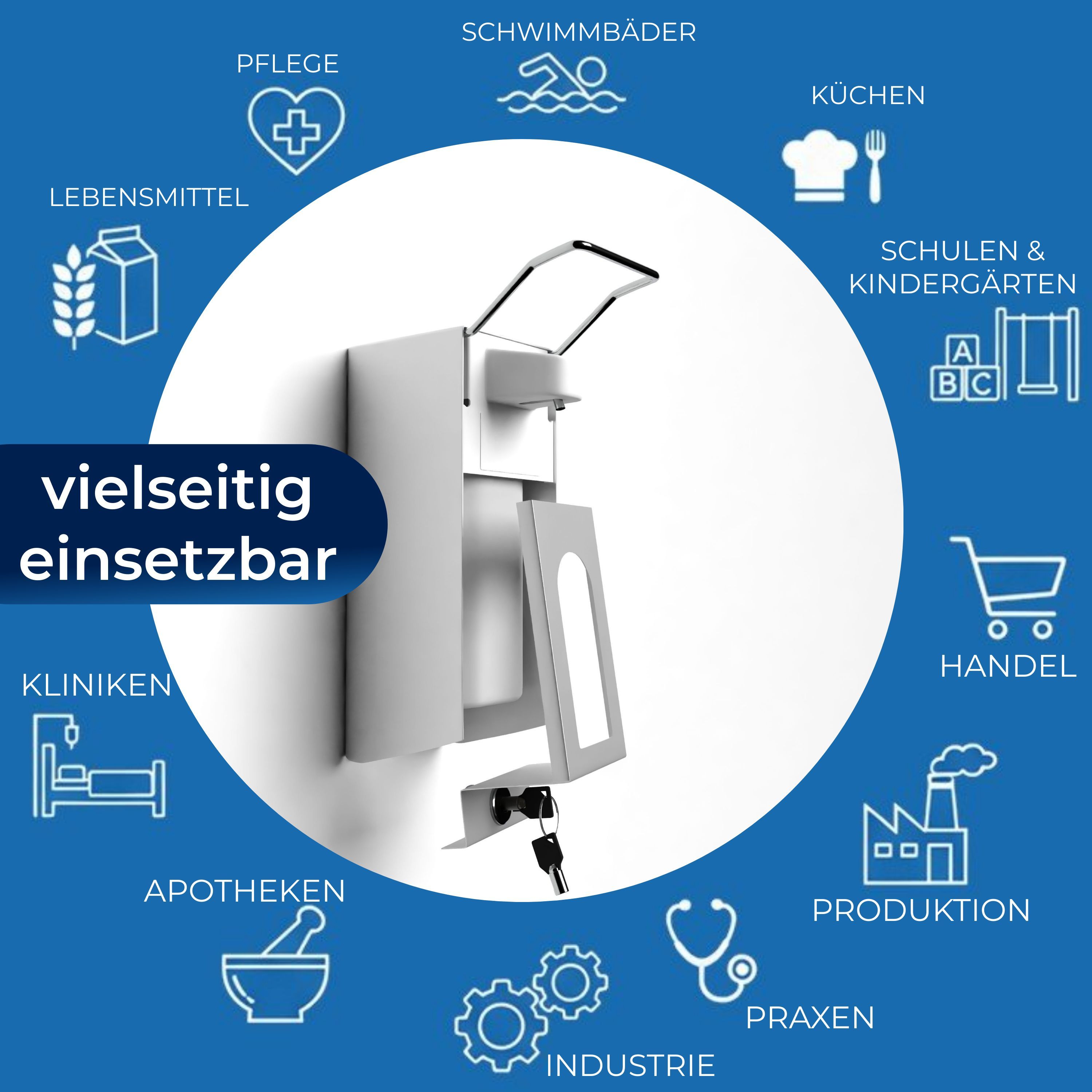 Desinfektionsmittelspender mit Armhebel, weiß. Umgeben von Icons für verschiedene Einsatzorte: Pflege, Schulen, etc.